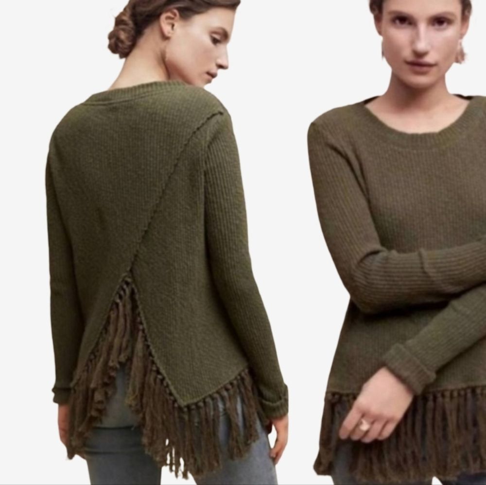 Anthropologie Eri + Ali Ribbed Fringe Top Size Medium Boho Festival Tassel Knit - Picture 2 of 12